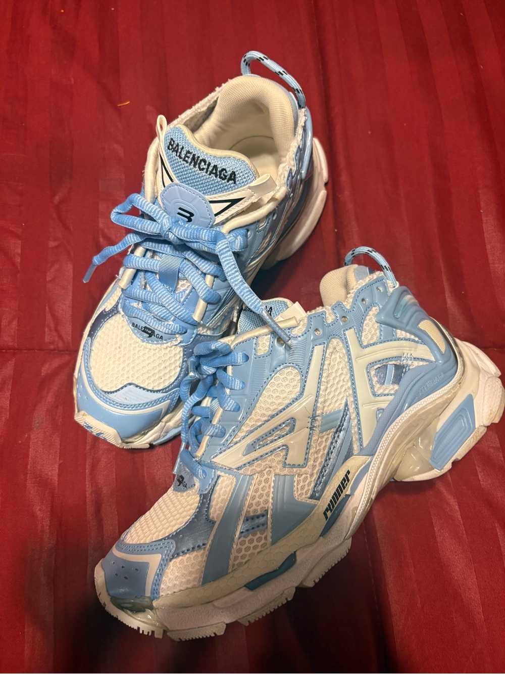 Balenciaga White and Light Blue Track Runner Sneakers